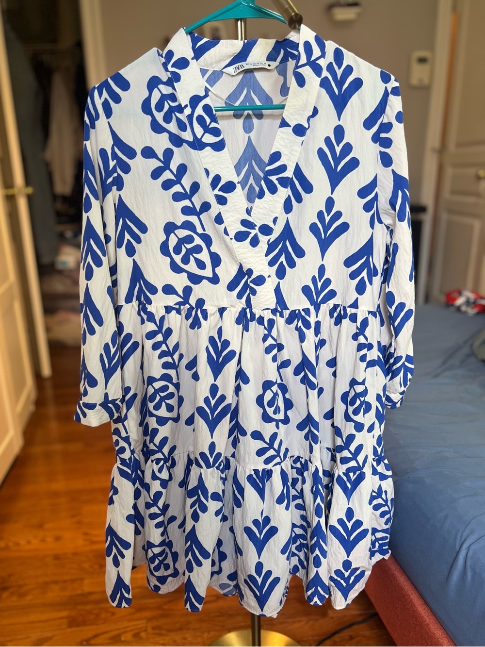 Zara White Dress with Bold Blue Botanical Print